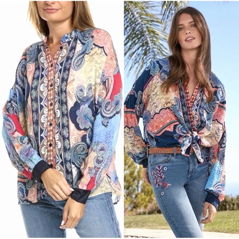 Johnny Was Boho Paisley Silk Blend Oversized Button Down Top Women's Size XXS - Picture 3 of 12